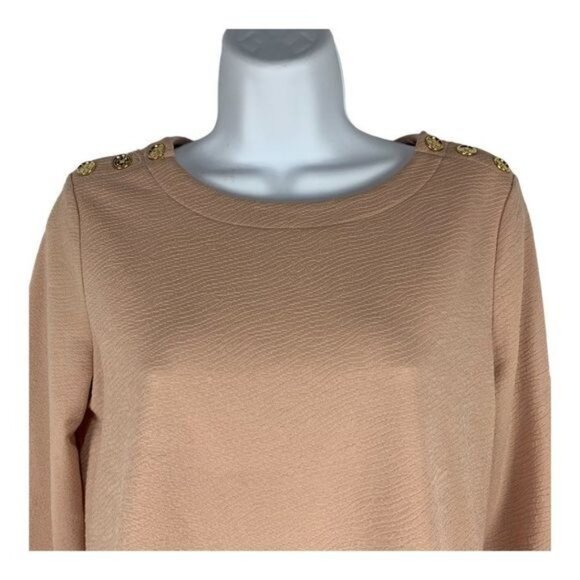 Calvin Klein Womens Beige Long Sleeve Top W/ Sheer Hem & Gold Shoulder Detail XS - Picture 2 of 7